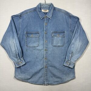 Vintage Big Mac Denim Shirt Mens XL Blue Button Workwear Distressed Stained Fade